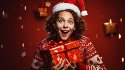 Wall Mural - happy young cheerful girl laughs and jumps in christmas hat and with gift on red background.