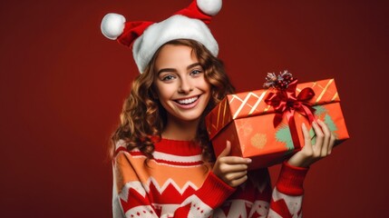 Wall Mural - happy young cheerful girl laughs and jumps in christmas hat and with gift on red background.