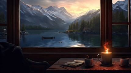 Poster -  a window with a view of a lake, mountains, and a boat in the water with a lit candle in front of it.  generative ai