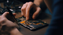 A Male Technician Repairs Electronics, Phones, And Laptops. Operation And Repair Process.
