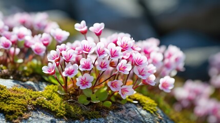 Sticker -  a group of small pink flowers growing out of a moss growing on a rock with moss growing on top of it.  generative ai