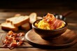 scrambled eggs, bacon, wooden table, bowl, food, salt, pepper, shaker. Generative AI
