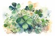 Festive Patrick's Day illustration with green clover leaf, shamrock, watercolor, plants. Generative AI