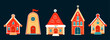 Set of cartoon houses with festive Christmas decor. Cozy Christmas Village. Cute whimsical building with bell. Scandinavian style architecture. Flat vector illustration.