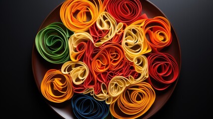 Sticker -  a plate filled with colorful rolled up pasta on top of a black table next to a white plate with red, yellow, green, blue, and orange spirals.  generative ai