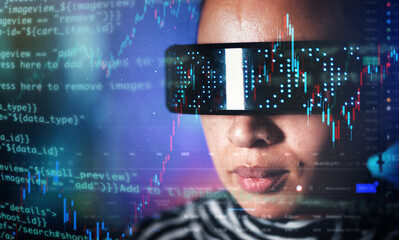 Leinwandbilder - Metaverse, woman face and virtual reality glasses with overlay for digital transformation and ar. Person with matrix vr hologram for cyber and 3d world for big data, infographic and future coding