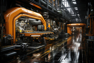Poster - A manufacturing plant with assembly lines, emphasizing the industrial aspect of large-scale production. Generative Ai.