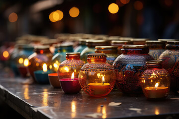 Sticker - A festive display of colorful lanterns and candles during Diwali in India, celebrating the victory of light over darkness. Generative Ai.