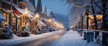 Festive atmosphere in a small town during the Christmas and New Year holidays. Illustration. Night winter snowy ambience