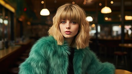 Beautiful Woman with bangs hairstyle and wearing fashion fur coat