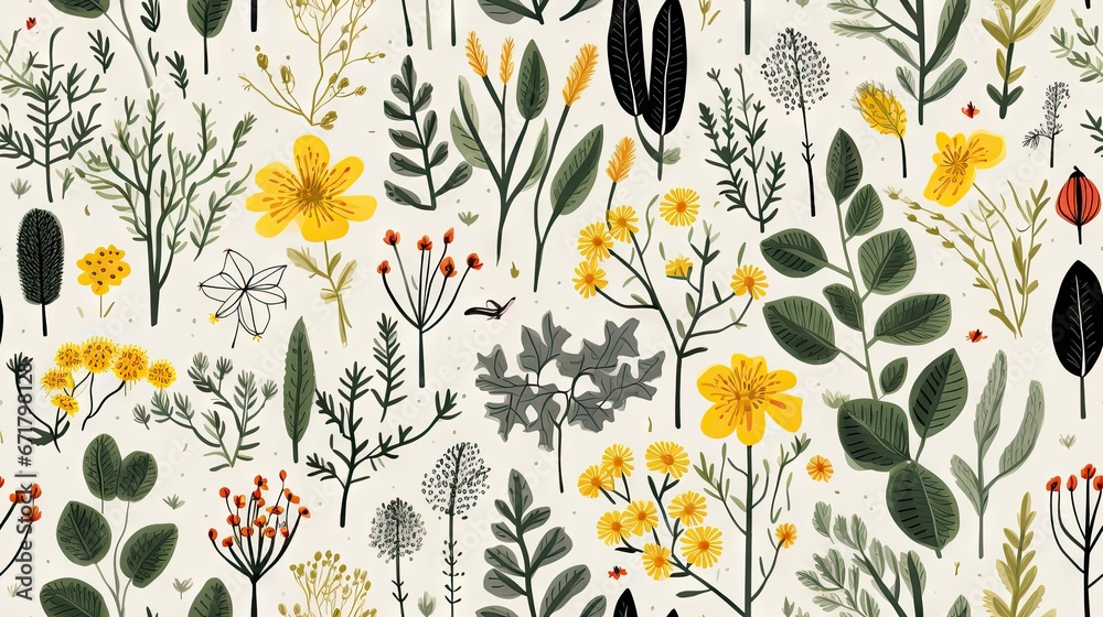 a white background with yellow and green flowers and leaves on the ...