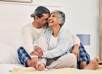 Poster - Hug, funny or old couple in bed to relax, enjoy romance or morning time together at home in retirement. Embrace, senior woman or happy elderly man laughing or bonding with love, support or smile