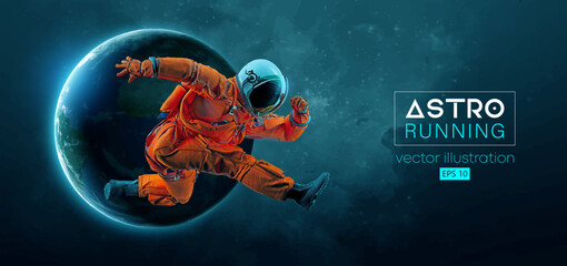 abstract silhouette of a running athlete astronaut in space action and earth, mars, planets on the b