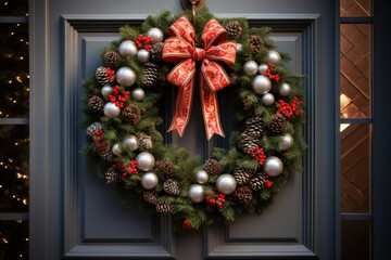 Wall Mural - A festive Christmas wreath hanging on a front door, adorned with ornaments, pine cones, and a bright red bow, welcoming guests with holiday cheer. Generative Ai.
