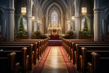 Wall Mural - A peaceful church interior with candlelit pews and a nativity scene, symbolizing the spiritual significance of Christmas. Generative Ai.