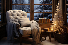 A cozy reading nook with a plush armchair, a stack of Christmas books, and a view of falling snowflakes, inviting relaxation and reading during the holidays. Generative Ai.
