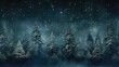 Night dark Forest winter landscape with fir trees on starry sky background. Moody botanical atmosphere illustration. Dreamy wallpaper for Christmas or New Year greetings.