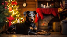 Doberman Portrait On The Background Of A Christmas Tree. Merry Christmas And Happy New Year Concept. .