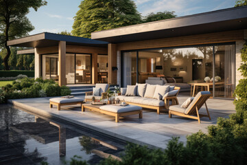 Poster - contemporary residence featuring an open-plan living space and a private wing of bedrooms, including