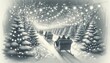 Pencil sketch of a festive winter scene showing a sleigh ride through a snow-covered forest, with Christmas lights wrapped around the trees, creating a path of luminescence.