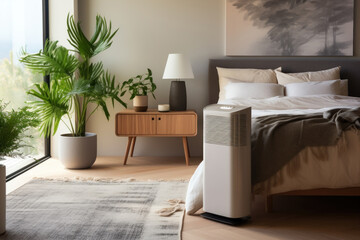 Poster - a white modern air purifier and dehumidifier set in a beige-brown wall bedroom, with gray bed linens
