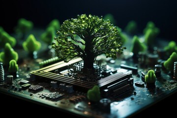 Poster - A tree growing atop a convergence point of a computer circuit board, emphasizing green computing and environmentally conscious technology. Generative Ai.