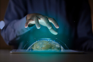 Aufkleber - Hands, earth and 3d tablet world, cyber planet or augmented reality. Globe, technology and business woman with hologram of future sphere for eco friendly, globalization and sustainability in office.