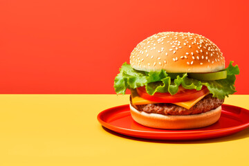 Sticker - Satisfy Your Fast Food Fever: Classic Cheeseburger with Crisp Lettuce and Juicy Tomato, a Timeless American Favorite. Red and Yellow Background. Copy Space.