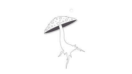 Poster - Magic mushroom fly agaric bw outline 2D object animation. Poison toadstool blowing out bubbles monochrome linear cartoon 4K video. Poisonous surreal plant animated item isolated on white background