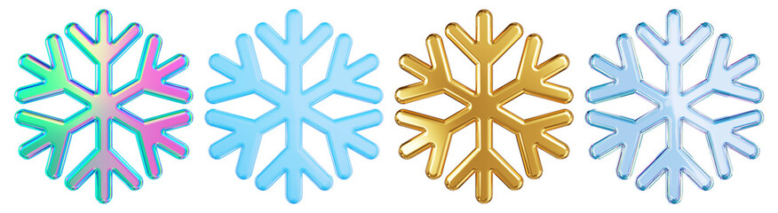 Front view iridescent glass, golden and blue snowflake set. 3D rendering.