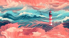 A Painting Of A Red And White Lighthouse In The Middle Of A Blue And Pink Ocean With Waves And Clouds.  Generative Ai