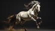  a white horse is galloping through the air with its front legs in the air and it's hair blowing in the wind.  generative ai