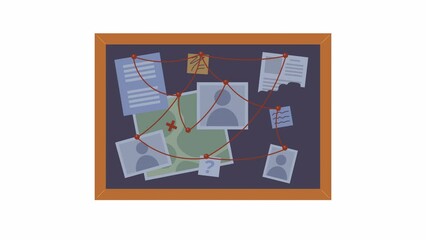 Poster - Evidence board with red strings 2D object animation. Crime accident investigation. Clues board flat cartoon 4K video, transparent alpha channel. Bulletin pinboard animated element on white background