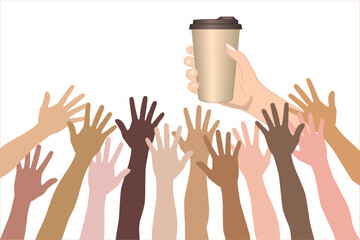 Colored human hands reaching for a cup of coffee. Raised hand silhouettes, people colorful voting  illustration. Teamwork, collaboration, voting, volunteering concert. Vector Hands isolated on white 