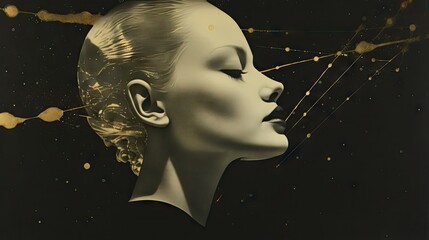 Poster -  a painting of a woman's face with golden lines coming out of her hair and a black background with gold dots.  generative ai