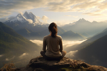 Poster - A serene yoga session on a mountaintop, capturing a sense of peace, balance, and spiritual connection with nature. Generative Ai.