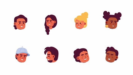Poster - Diverse podcasters bloggers 2D avatars animation bundle. Millennial host event flat cartoon 4K video collection, transparent alpha channel. Gen z women, men animated portraits on white background