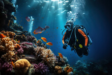 A Deep-sea Diver Exploring Vibrant Coral Reefs, Celebrating The Wonders Of Marine Life. Generative Ai.