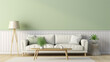 © Witri - modern living room with pastel green wall, sofa table. interior design in green studio generative ai