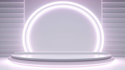 Sticker - White minimalistic abstract background. Neon light from lamps walls circular stage. generative ai