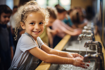 Canvas Print - A child learning about proper handwashing and hygiene in a school setting to prevent the spread of diseases. Generative Ai.