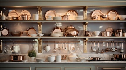 Canvas Print - Kitchen with copper pots and pans on shelves, AI