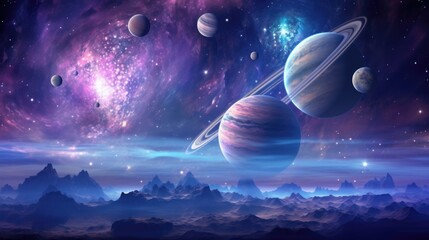 Poster - An image of planets and mountains in space, AI