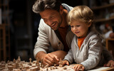 Fototapeta  - radośni ojciec i syn razem bawią się klockami
