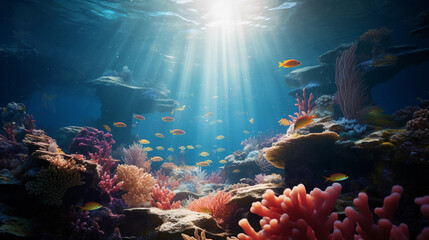 Wall Mural - An immersive underwater scene featuring photorealistic Damselfish, in a lively coral ecosystem, varying depth-of-field, magical ambient lighting
