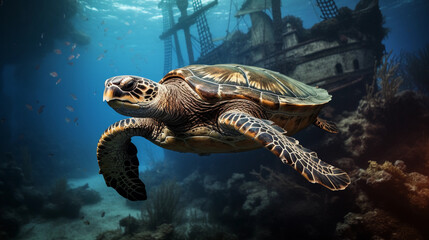 Wall Mural - hawksbill turtle, intricate shell patterns, gliding over a shipwreck, ambient underwater lighting