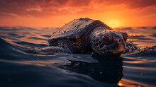 Leatherback Turtle, Floating On Ocean Surface, Sunset Reflecting Off Carapace