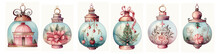 Set Of Christmas Watercolor Glass Balls Close Up On A White Background. Christmas Decorative Toys For Decorating The New Year Tree. Design Elements For Scrapbooking, Card, Greeting.