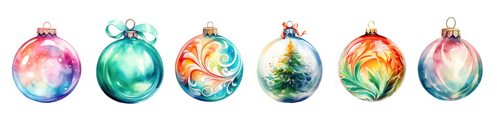 Wall Mural - Set of 6 Christmas watercolor glass balls close up on white background. Christmas decorative toys for decorating the New Year tree. Design elements for scrapbooking, card, greeting.