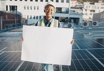 Aufkleber - Happy black woman, architect and billboard on roof for solar panel installation, plan or advertising. Portrait of African female person, engineer or contractor holding sign, paper or board in city